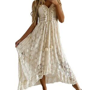 MELDVDIB White Hollow Out Tassel Lace Solid Sleeveless Beach Party Dress Size M